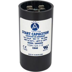 Appli Parts motor start capacitor 124-149 Mfd (microfarads) uF 110-125 VAC universal fit for electric motor applications 1-7/16 in Diameter 2-3/4 in Height CON-124-110

