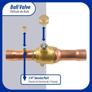 Appli Parts APBV-118 Valvula de Cierre 1-1/8 in tipo Bola de conexion soldable con puerto de servicio SAE de 1/4 in, presion maxima de trabajo 610 psi temperaturas de -30C a 120C longitud total 215mm
