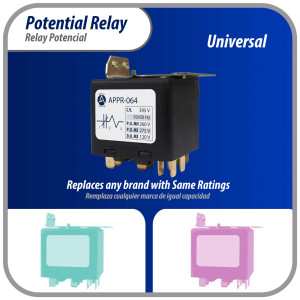 Appli Parts APPR-064 Relay Potencial 064, Voltaje de Bobina 395 V, Recogida Minima 260 V, Recogida Maxima 275 V, Caida Maxima 120 V, 50/60Hz Remplazo universal para refrigeracion y aire acondicionado