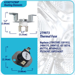 3387747 Appli Parts Heating Element Kit Replacement for Whirlpool Dryers and other models Includes 1 x 3387747 dryer heating element 1 x Thermostat 279816AP 1 x 279973AP and 3392519AP Thermal Fuse