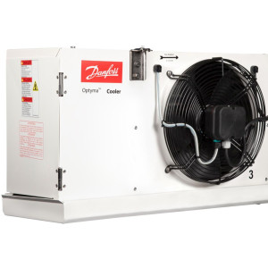 Danfoss 114U0009 Evaporator Optyma MBP 38K Btu/hr at 25F SST R404 Air Defrost 6FPI Low Profile 5 x 12in ECM fans DACC RX L380.1A4/A1 230V/1Ph/60Hz 