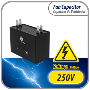 Appli Parts Fan Capacitor 18 mfd (microfarads) uf 250 VAC with 4 Terminal Connections compatible with any brand within the same range of capacitance 2-1/4in Width 7/8in Depth 1-7/8in Height CAP-18-250