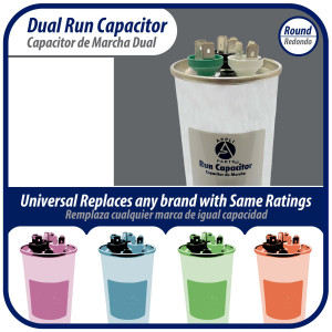Appli Parts Dual Run Capacitor for ac 65+7.5 Mfd uF (microfarads) 370VAC or 450VAC CBB65 Round Universal fit for hvac and other applications 5-1/4 in High 2-1/4 in Wide CON-65/7.5-450