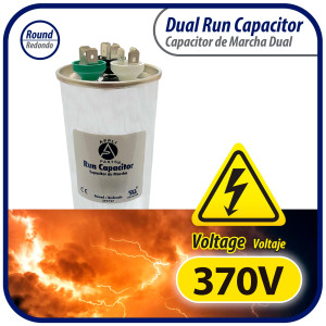 Appli Parts Dual Run Capacitor for ac 40+7.5 Mfd uF (microfarads) 370VAC CBB65 Round Universal fit for hvac and other applications 2 in Wide 4-3/4 in Height CON-40/7.5-370-R 