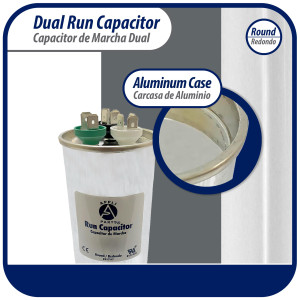Appli Parts Dual Run Capacitor for ac 50+10 Mfd uF (microfarads) 370VAC CBB65 Round Universal fit for hvac and other applications 2-1/4 in Wide 5-3/8 in Height CON-50/10-370-R  