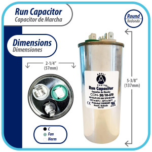 Appli Parts Dual Run Capacitor for ac 50+10 Mfd uF (microfarads) 370VAC CBB65 Round Universal fit for hvac and other applications 2-1/4 in Wide 5-3/8 in Height CON-50/10-370-R  