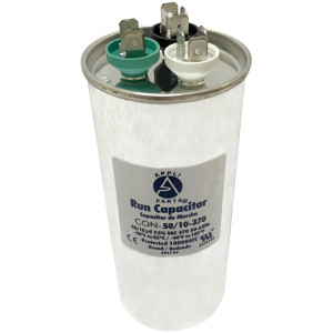 Appli Parts Dual Run Capacitor for ac 50+10 Mfd uF (microfarads) 370VAC CBB65 Round Universal fit for hvac and other applications 2-1/4 in Wide 5-3/8 in Height CON-50/10-370-R  