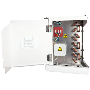 Danfoss 114U0012 Evaporator Optyma LMBP R404 8.4K Btu/hr at 25F SST MBP 7.1K Btu/hr at -20F SST LBP Electric Defrost 6FPI Low Profile 2 x 12in ECM Fans DACC RX L084.1A4/E1 230V/1Ph/60Hz 
