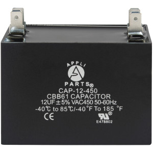 Appli Parts Fan Capacitor 12 mfd (microfarads) uf 450 VAC 4 Terminal Connections compatible with any brand within the same range of capacitance 2-1/4in Width 1-1/8in Depth 2in Height CAP-12-450