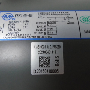 Motor Ventilador Unidad Interna Ecox YKSS-145-4-1 RoHS 208-230V/60Hz 14W 4p 1.59A Lra 1.73A 930rpm 202400401417 11002012000375 
Sirve EA5D50C00B