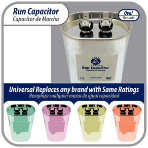 Appli Parts Run Capacitor for ac 15 Mfd uF (microfarads) 370 VAC or 450 VAC CBB65 Oval Universal fit for hvac and other applications 3-1/2in H 1-3/8in W 2-1/8in L CON-15-450-O