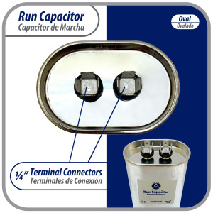 Appli Parts Condensador Capacitor de Marcha 15 Mfd uF (microfaradios) 370/450VAC CBB65 Universal Aire acondicionado y otras aplicaciones Ovalado UL 9cm Alto 3.4cm Ancho 5.4cm Largo CON-15-450-O 