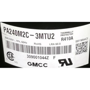 GMCC Compressor Rotary Fixed Speed 24.000Btu 208-230V/1Ph/60Hz Lra 60.0 R-410A PA240M2C-3MTU2 201400601300 11103010000567 GMCC Compressor Rotary Fixed Speed 24.000Btu 208-230V/1Ph/60Hz Lra 60.0 R-410A PA240M2C-3MTU2 201400601300 11103010000567