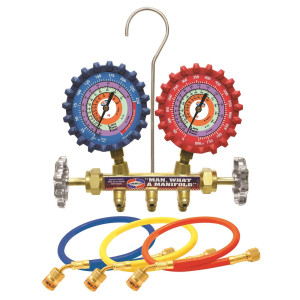 Uniweld QS4L6H 2 Valve Brass Manifold,R410a,R22,R404a, 6 ft Hoses, psi/ F scales
