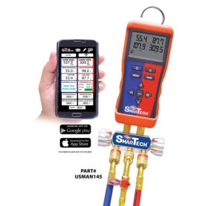 Smartech Digital Bluetooth Manifold, 1/4 in Center Port,  Read and Blue K-Type Temp Clamps, 2m K-Type Thermocouple Bead Probes, Velcro Strap, No Hoses, Usman14