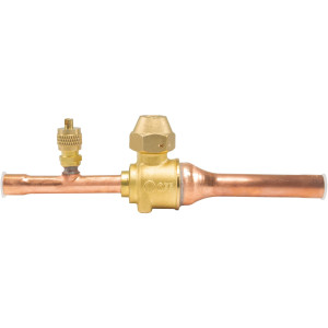 Appli Parts APBV-038 Valvula de Cierre 3/8 in tipo Bola de conexion soldable con puerto de servicio SAE de 1/4 in, presion maxima de trabajo 610 psi temperaturas de -30 C a 120 C longitud total 165mm