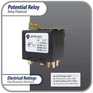 Appli Parts APPR-069 Potential Relay 069, Coil Voltage 332 V Min Pick up 180 V Max Pick up 193 V Max Drop Out 105 V 50/60 Hz Universal replacement for HVAC and Refrigeration units
