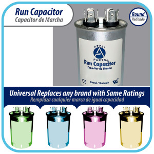 Appli Parts Run Capacitor for ac 35 Mfd uF (microfarads) 370 VAC or 450 VAC CBB65 Round Universal fit for hvac and other applications 3-5/8 in High 1-7/8 in Wide CON-35-450 