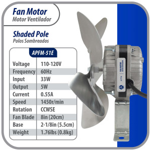 Appli Parts APFM-51E Motor Ventilador 5W Condensador y Evaporador 115V 60Hz 0.4A, Incluye Aspa de Aluminio de 20cm y Base de Montaje, Repuesto Universal para Equipos de Refrigeracion Comercial