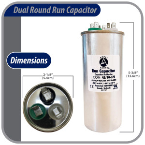 Appli Parts Dual Run Capacitor for ac 45+10 Mfd uF (microfarads) 370VAC CBB65 Round Universal fit for hvac and other applications 2-1/8 in Wide 5-3/8 in Height CON-45/10-370-R 