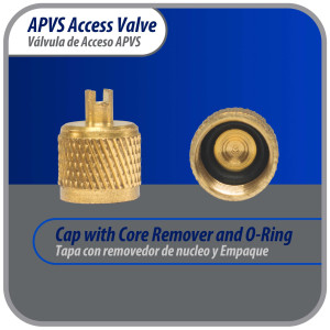 Appli Parts Valvula de acceso de 1/4 SAE x 1/4 pulg OD x con vastago de cobre de 5cm de largo con nucleo y tapa de laton con removedor de nucleo y empacadura APVS-14142