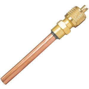 Appli Parts Valvula de acceso de 1/4 SAE x 1/4 pulg OD x con vastago de cobre de 5cm de largo con nucleo y tapa de laton con removedor de nucleo y empacadura APVS-14142