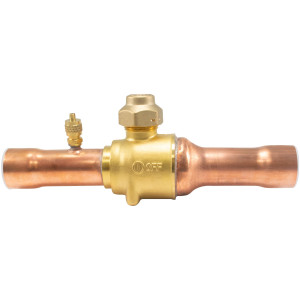 Appli Parts APBV-058 Valvula de Cierre 5/8 in tipo Bola de conexion soldable con puerto de servicio SAE de 1/4 in, presion maxima de trabajo 610 psi temperaturas de -30 C a 120 C longitud total 165mm