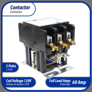 Appli Parts APAC-360120 Contactor 3 Polos 60A 120V Bobina Repuesto para Compresores de CA y Aplicaciones Electricas Certificacion UL E476929 de Trabajo Pesado