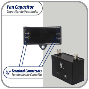Appli Parts Fan Capacitor 3.5 mfd (microfarads) uf 450 VAC with 4 Terminal Connections compatible with any brand within the same range capacitance 1-7/8in Width 3/4in Depth 1-1/2in Height CAP-3.5-450