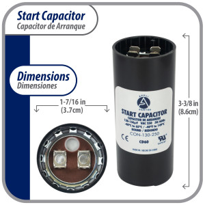 Appli Parts motor start capacitor 130-156 Mfd (microfarads) uF 250 VAC universal fit for electric motor applications 1-7/16 in Wide 3-3/8 in Height CON-130-250
