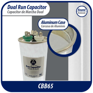 Appli Parts Dual Run Capacitor for ac 55+7.5 Mfd uF (microfarads) 370VAC or 450VAC CBB65 Round Universal fit for hvac and other applications 5-1/4 in High 2 in Wide CON-55/7.5-450