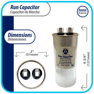 Appli Parts Run Capacitor for ac 55 Mfd uF (microfarads) 370VAC CBB65 Round Universal fit for hvac and other applications 4-3/4in High 2in Wide CON-55-370-R

