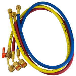 Uniweld EZ3HS Manifold Hoses 36in Red and Blue with EZ Turn Yellow with Ball Valve CFC/HCFC/HFC R410 Anti-Blowback fitting with Soft Magic Barrier hose set Uniweld EZ3HS Manifold Hoses 36in Red and Blue with EZ Turn Yellow with Ball Valve CFC/HCFC/HFC R410 Anti-Blowback fitting with Soft Magic Barrier hose set