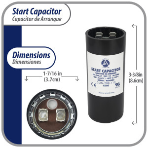 Appli Parts motor start capacitor 200-240 Mfd (microfarads) uF 110-125 VAC universal fit for electric motor applications 1-7/16 in Diameter 3-3/8 in Height CON-200-110

