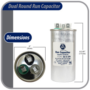 Appli Parts Dual Run Capacitor for ac 35+5 Mfd uF (microfarads) 370VAC CBB65 Round Universal fit for hvac and other applications UL E476928 2in Wide  4-3/8in Height CON-35/5-370-R
 Appli Parts Dual Run Capacitor for ac 35+5 Mfd uF (microfarads) 370VAC CBB65 Round Universal fit for hvac and other applications UL E476928 2in Wide  4-3/8in Height CON-35/5-370-R