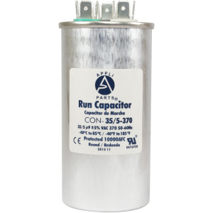 Appli Parts Dual Run Capacitor for ac 35+5 Mfd uF (microfarads) 370VAC CBB65 Round Universal fit for hvac and other applications UL E476928 2in Wide  4-3/8in Height CON-35/5-370-R
 Appli Parts Dual Run Capacitor for ac 35+5 Mfd uF (microfarads) 370VAC CBB65 Round Universal fit for hvac and other applications UL E476928 2in Wide  4-3/8in Height CON-35/5-370-R