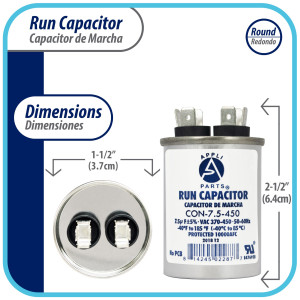 Appli Parts Run Capacitor for ac 7.5 Mfd uF (microfarads) 370 VAC or 450 VAC CBB65 Round Universal fit for hvac and other applications 2-1/2 in High 1-1/2 in Wide CON-7.5-450