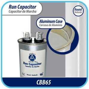 Appli Parts Run Capacitor for ac 20 Mfd uF (microfarads) 370 VAC or 450 VAC CBB65 Round Universal fit for hvac and other applications 3-3/8 in High 1-3/4 in Wide CON-20-450 