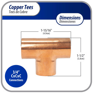 Appli Parts AP-T034B10 3/4 in Wrot Copper Tee CxCxC connections for refrigeration, air conditioning and plumbing applications ACR and Type L copper pipe (10 x Bag) 