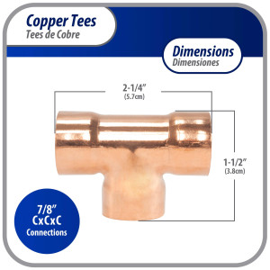 Appli Parts AP-T078B10 7/8in Wrot Copper Tee CxCxC connections for refrigeration, air conditioning and plumbing applications ACR and Type L copper pipe (10 x Bag) 