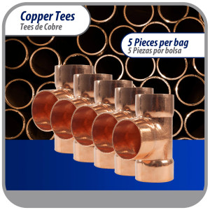 Appli Parts AP-T118B5 1-1/8in Wrot Copper Tee CxCxC connections for refrigeration, air conditioning and plumbing applications ACR and Type L copper pipe (5 x Bag) 