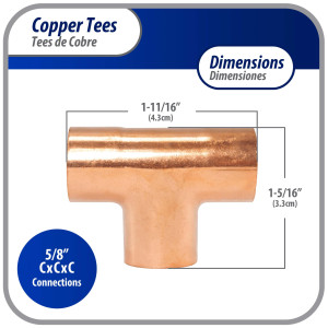 Appli Parts AP-T058B10 5/8in Wrot Copper Tee CxCxC connections for refrigeration, air conditioning and plumbing applications ACR and Type L copper pipe (10 x Bag) 
