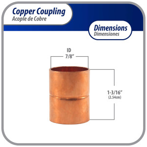 Appli Parts AP-A078 7/8 in Wrot Copper Coupling fitting CxC Sweat connections for refrigeration, air conditioning and plumbing applications ACR and Type L copper pipe  Appli Parts AP-A078 7/8 in Wrot Copper Coupling fitting CxC Sweat connections for refrigeration, air conditioning and plumbing applications ACR and Type L copper pipe