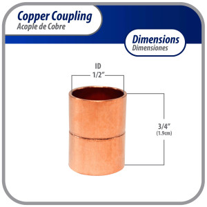 Appli Parts AP-A012 1/2 in Wrot Copper Coupling fitting CxC Sweat connections for refrigeration, air conditioning and plumbing applications ACR and Type L copper pipe 