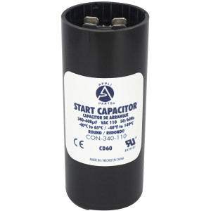 Appli Parts motor start capacitor 340-408 Mfd (microfarads) uF 110-125 VAC universal fit for electric motor applications 1-7/16 in Wide 3-3/8 in Height CON-340-110

