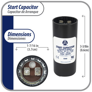 Appli Parts motor start capacitor 340-408 Mfd (microfarads) uF 110-125 VAC universal fit for electric motor applications 1-7/16 in Wide 3-3/8 in Height CON-340-110
