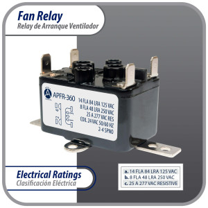 Appli Aprts APFR-360 Rele de ventilador 90-360 de conmutacion de Fan Relay, SPST, Polo Sencillo, Tiro Sencillo, bobina de 24 V, CA, Normalmente Abierto, Soporte ajuste multiple, Aplicacion Universal