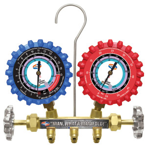 Uniweld QS8N5SM410A-8 Maniflold R410, R32, psi/bar, Celsius, 2-V Brass with 3-1/8 in NPF Gauges 5 ft SMB Ez-Turn AB Hoses