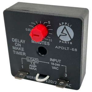 Appli Parts APDLT-68 Delay On Make Timer 0.03 to 10 min Adjustment, 18-240 VAC, 50/60 Hz, 0.04-1.5 Amps Universal replacement Appli Parts APDLT-68 Delay On Make Timer 0.03 to 10 min Adjustment, 18-240 VAC, 50/60 Hz, 0.04-1.5 Amps Universal replacement