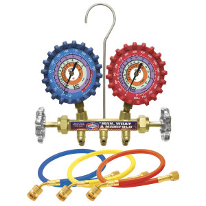 Uniweld QS4L3HEZ 2 Valve Brass Manifold (R-410a/R-22/R-404a) Psi/ F 3ft Soft Barrier Hoses W/ EZ Turn